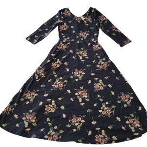 Pact Fit & Flare Dress Organic Cotton Midi Dress Black Floral V Neck Half Sleeve